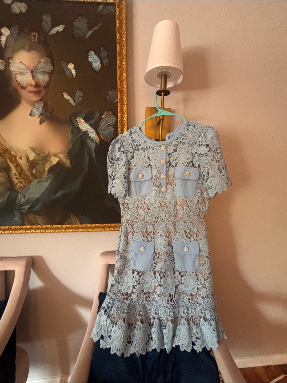 Girls' Light Blue Lace Pocket Dress